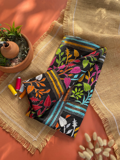 Black floral Kantha Silk Saree from Bengal